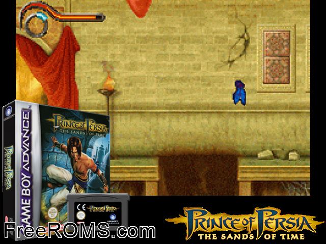 Prince Of Persia - The Sands Of Time Gameboy Advance game showing 3D box cover and gameplay screenshot